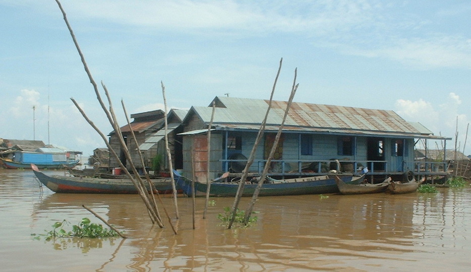 Chong Khneas floating village houses on the Tonlé Sap Lake near Siem Reap in Cambodia