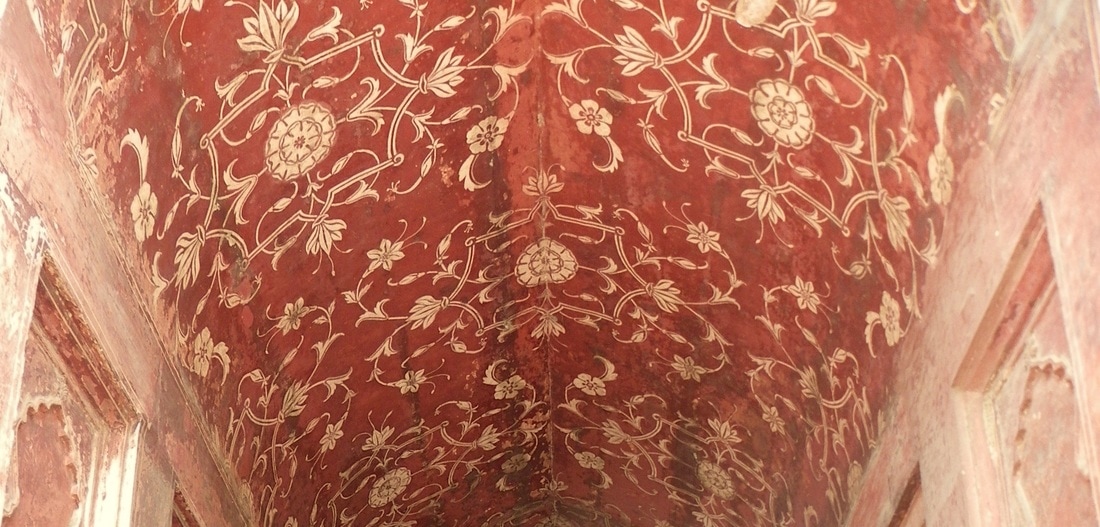 Taj Mahal, Agra, India. Painted ceilings decorated with floral designs in the sgraffito technique.
