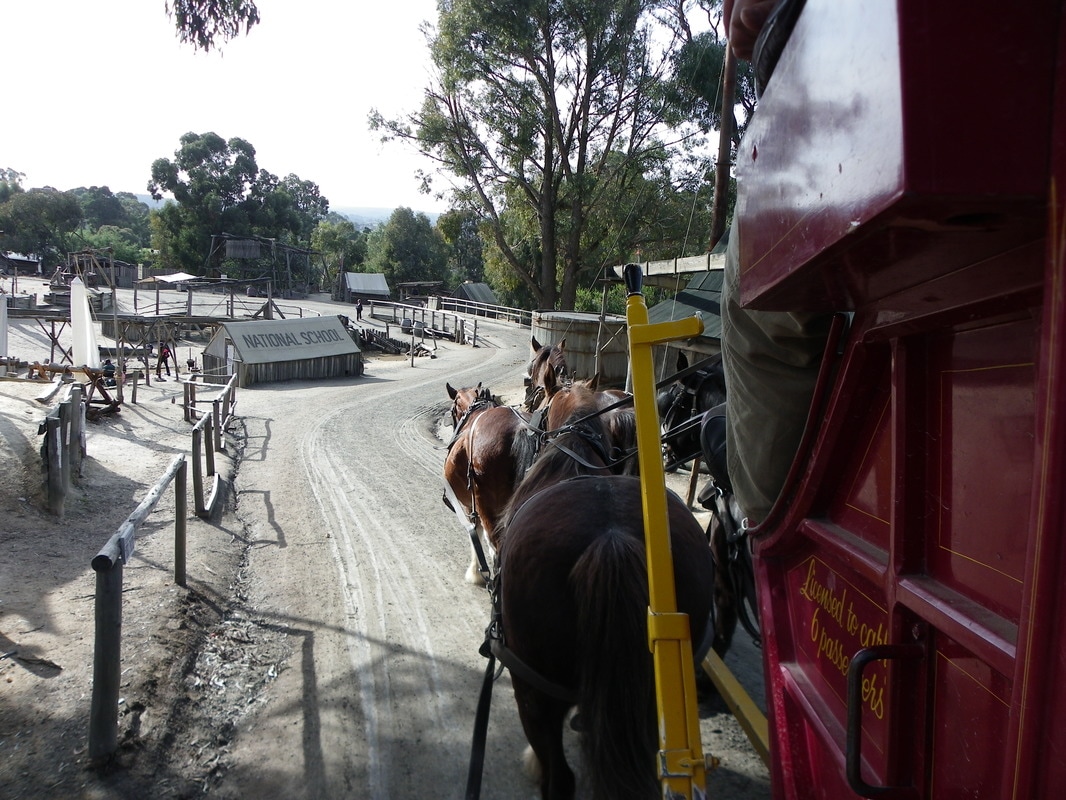 Sovereign Hill, Ballarat, Victoria, Australia. Horses pulling coach.