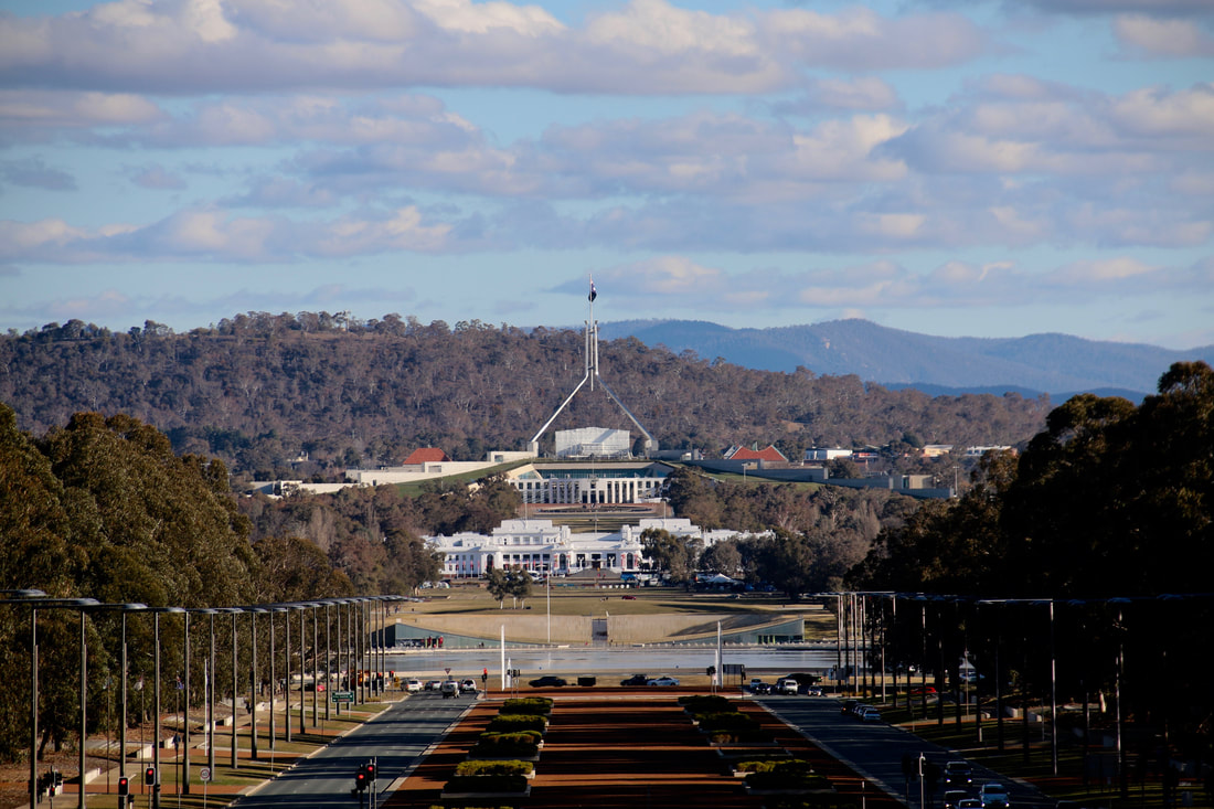 Looking across to Old Parliament House, with (the current) Parliament House behind it.