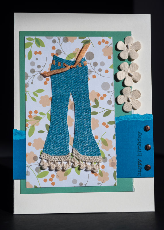 Make your own cards featuring a pair of jeans with accessories. Great birthday cards. Free printable and downloadable template.