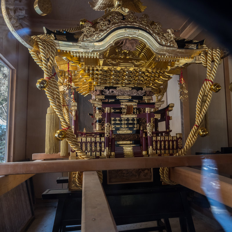 A casket viewed in a side building at the Lower Togakushi Shrine.  Togakushi Jinji Shrine, Mount Togakushi, Nagano Prefecture, Japan.