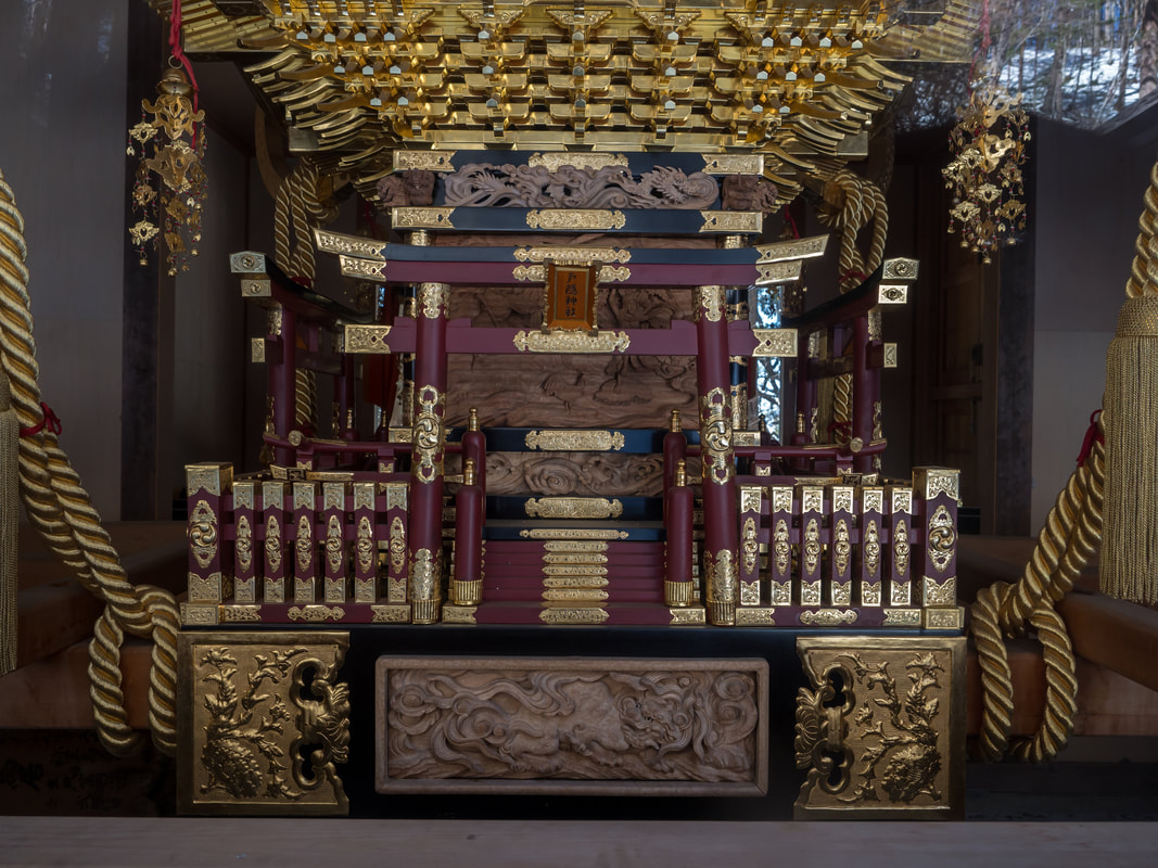 A casket viewed in a side building at the Lower Togakushi Shrine.  Togakushi Jinji Shrine, Mount Togakushi, Nagano Prefecture, Japan.