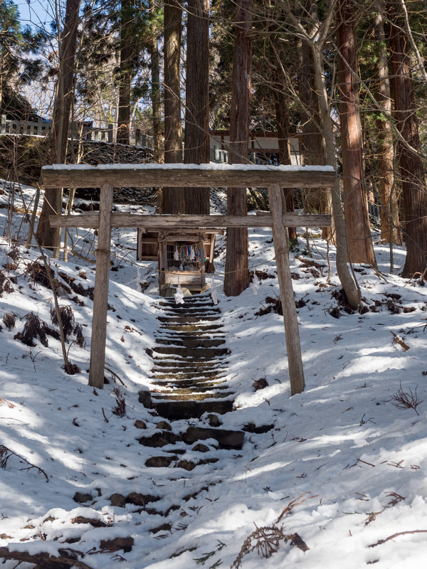 A smaller gate and shrine to the side of the main steps.  Togakushi Jinji Shrine, Mount Togakushi, Nagano Prefecture, Japan.