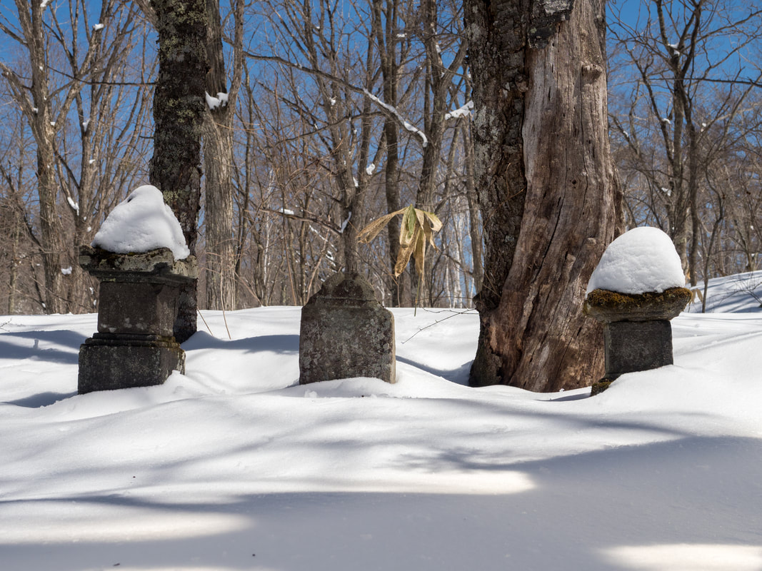 Gravestones covered in snow beside the road, Togakushi, Japan.