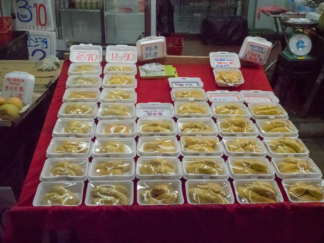Pre=packaged durian for sale, Chinatown, Singapore.