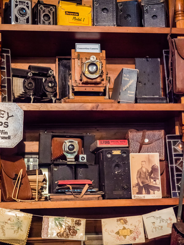 Vintage cameras at the General store at Coal Creek Community Park and Museum, Korumburra, Australia.