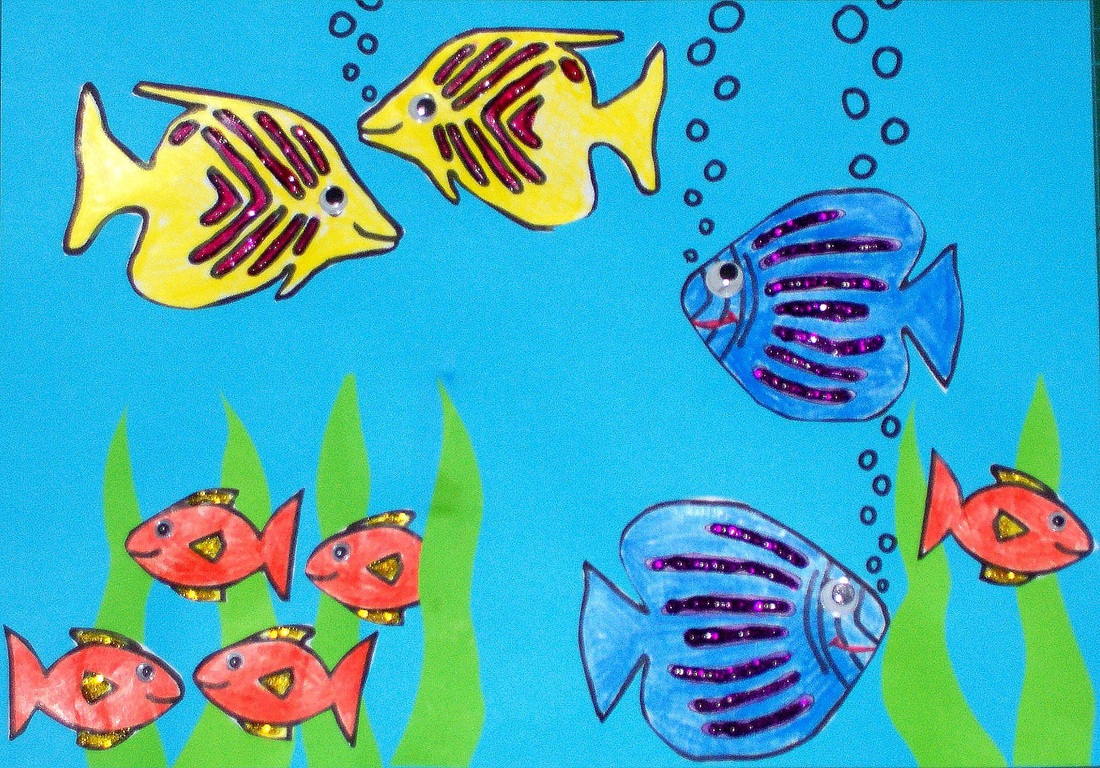 Free colouring cutting  and gluing Craft for kids Fish scene with template 