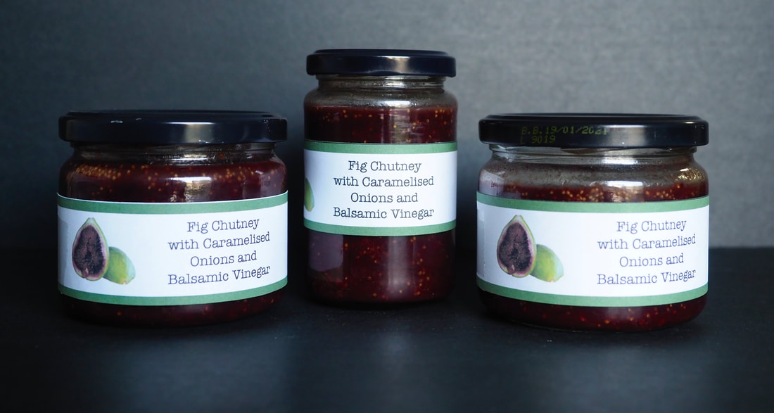 Fig Chutney with Caramelised Onion and Balsamic Vinegar. Recipe and jar labels.