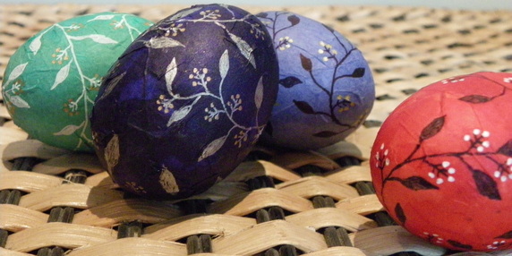 Decorative Easter Eggs with Tissue Paper mache Coating and doodled designs. Free craft Instructions.