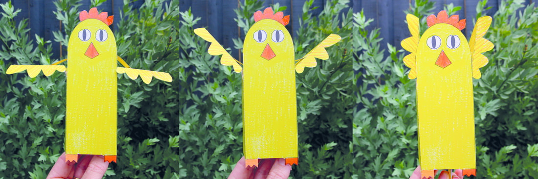 Chicken craft for kids with lever controlled moving wings. Free printable template and instructions. 
