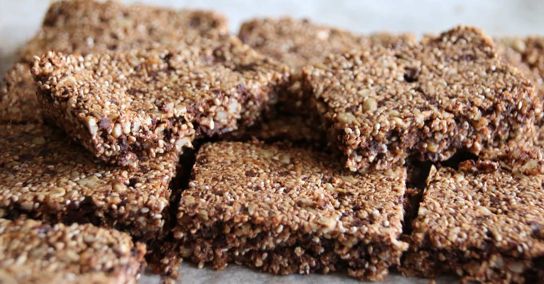 Choc Chunk Coconut Chia Bars. Low Carb, Gluten Free, Nut Free, No added sugars and easy to cook.