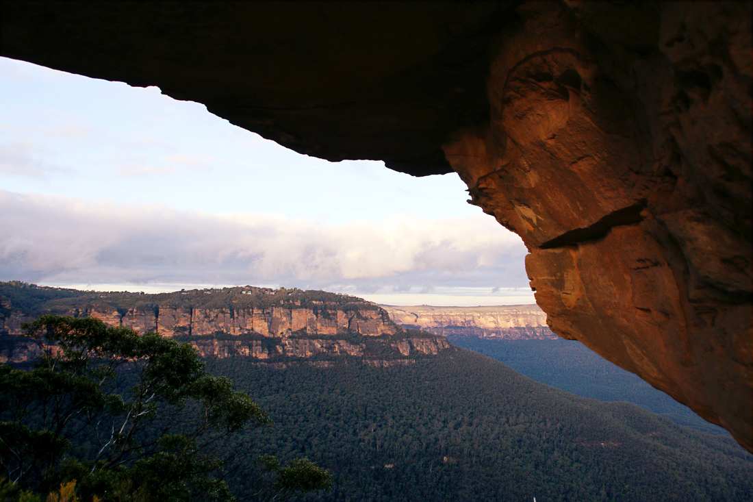 View standing on the Three Sisters rock formations. The Blue Mountains, Australia