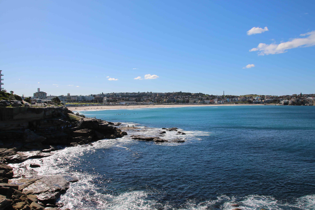 View back to Bondi along the Bondi to Bronte coastal walk. Bondi Beach, Sydney, Australia.