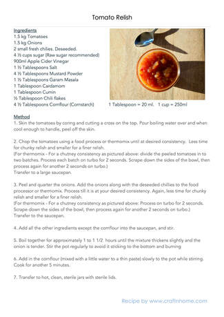 Printable Tomato Relish Recipe with instructions. Craft n Home Website.